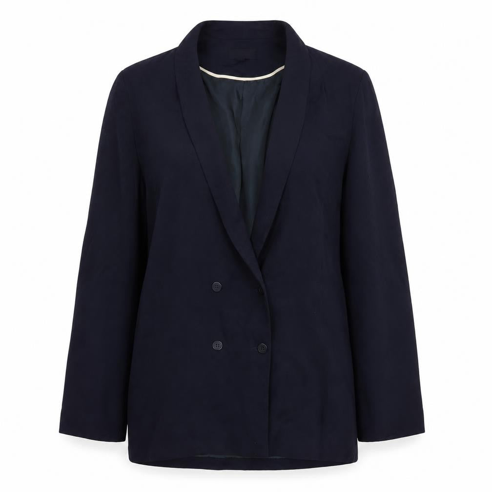 Front view of Topshop women’s blue double-breasted shawl blazer, size UK 12