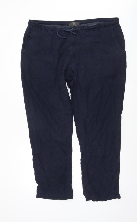 Marks and Spencer Men's Navy Regular Linen Blend Drawstring Trousers 42W 31L