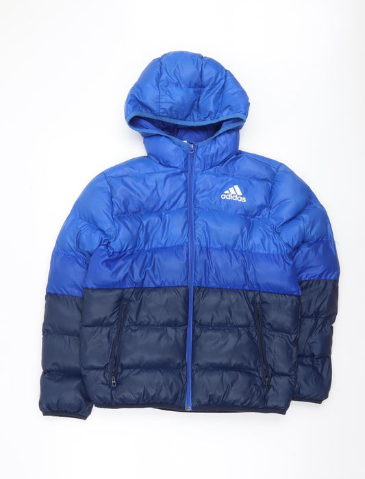 Adidas Boys Blue Hooded Puffer Jacket 11-12 Years Polyester Winter Coat