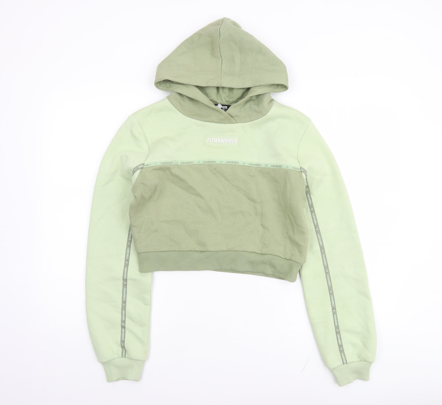 Eleven Degrees Womens Green Cropped Hoodie UK 8 Cotton Blend Logo Design