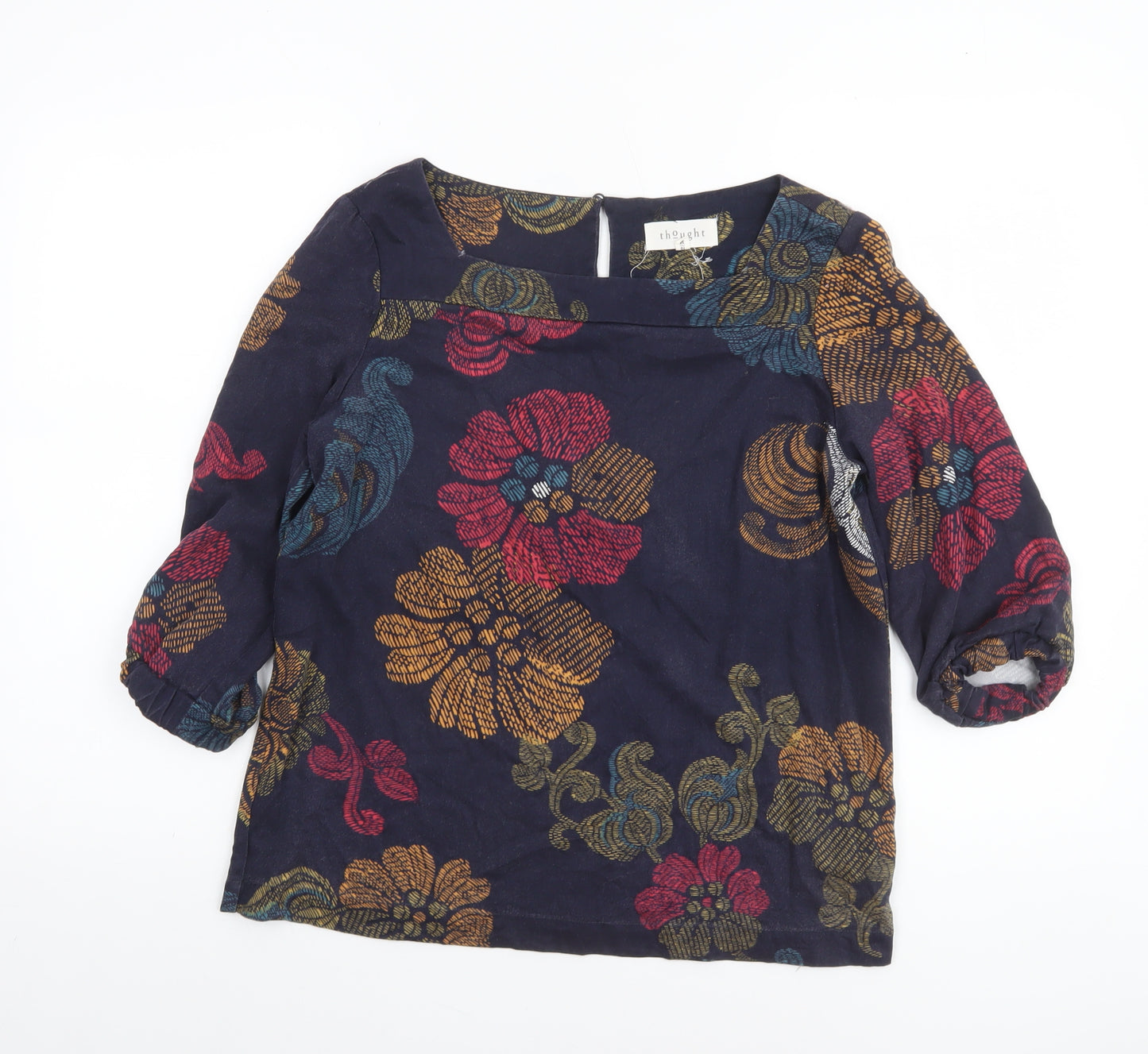 Thought Womens Navy Floral Blouse Size 10 3/4 Sleeve Cotton Blend