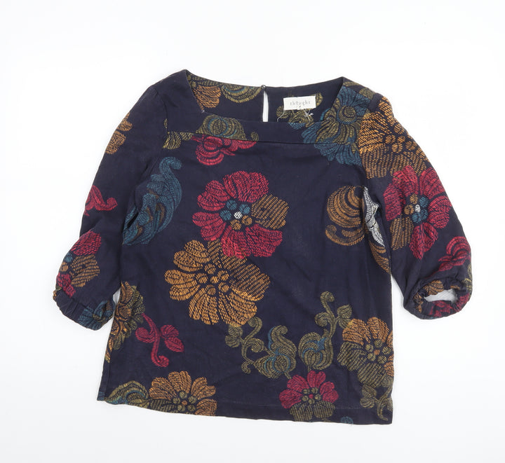 Thought Womens Navy Floral Blouse Size 10 3/4 Sleeve Cotton Blend