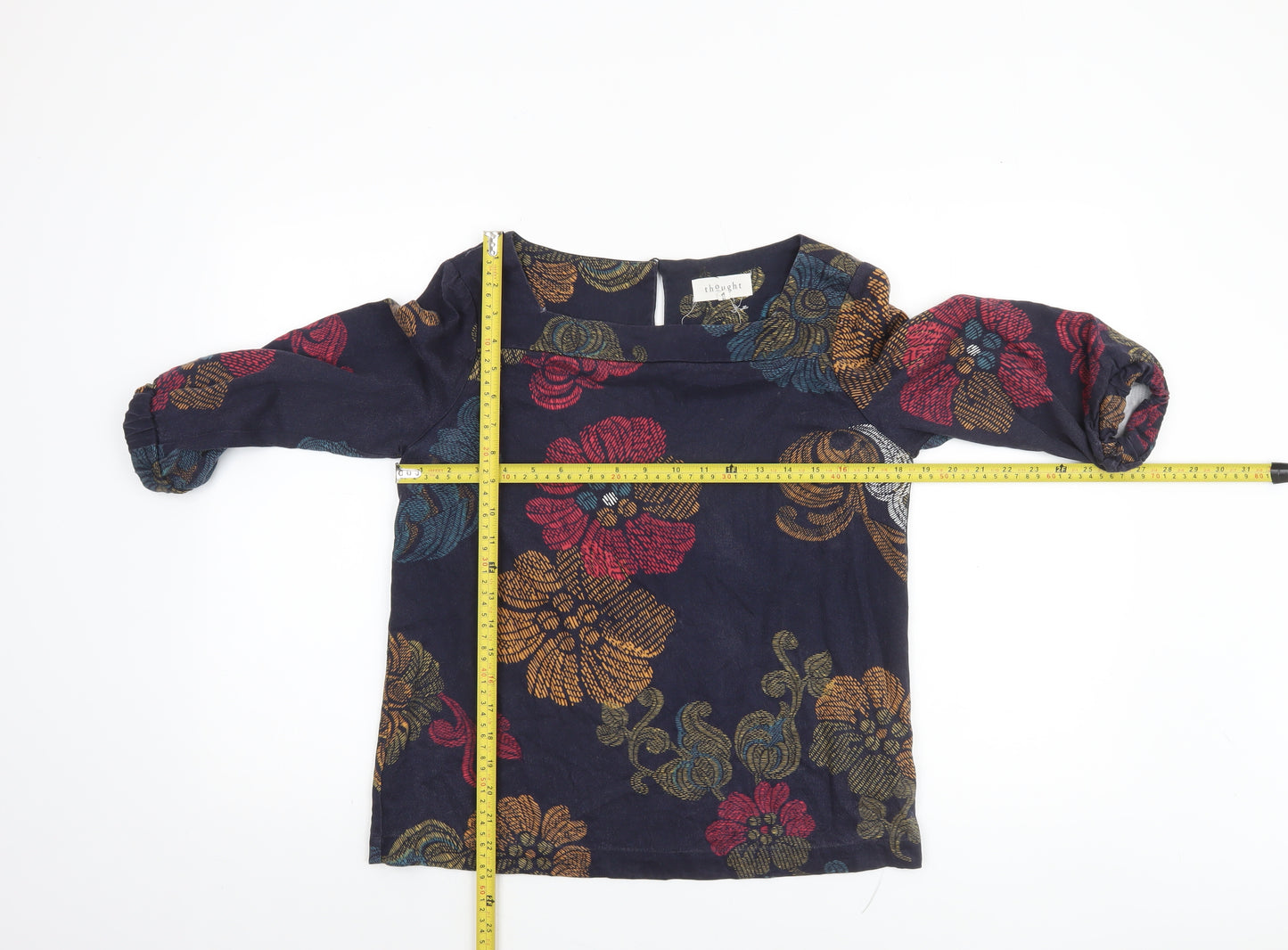 Thought Womens Navy Floral Blouse Size 10 3/4 Sleeve Cotton Blend