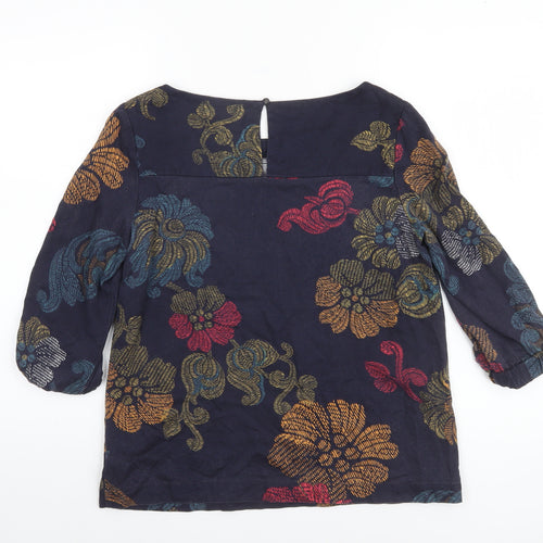 Thought Womens Navy Floral Blouse Size 10 3/4 Sleeve Cotton Blend