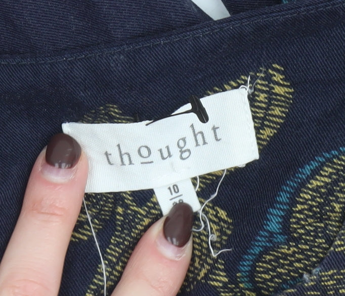 Thought Womens Navy Floral Blouse Size 10 3/4 Sleeve Cotton Blend