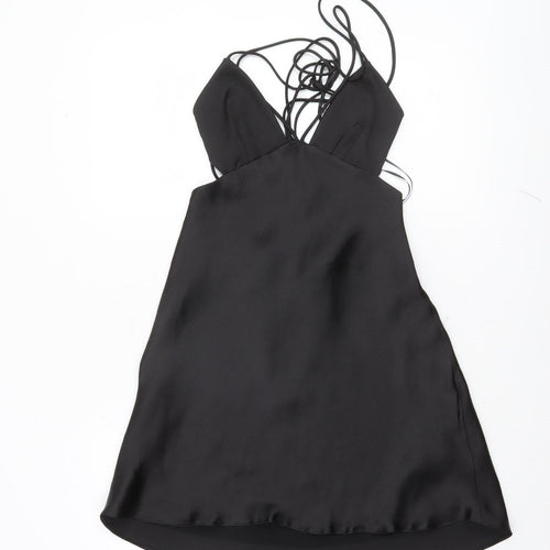 ZARA Women Black Satin Slip Dress M Strappy V-Neck Partywear