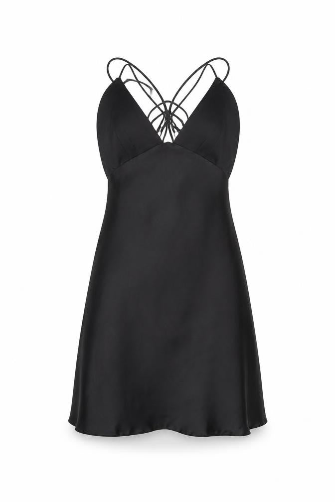 ZARA Women Black Satin Slip Dress M Strappy V-Neck Partywear