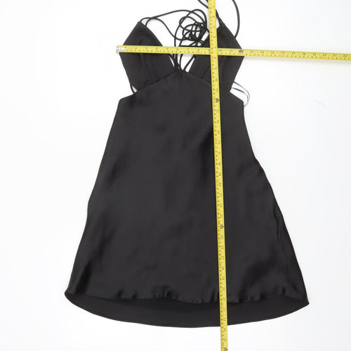 ZARA Women Black Satin Slip Dress M Strappy V-Neck Partywear