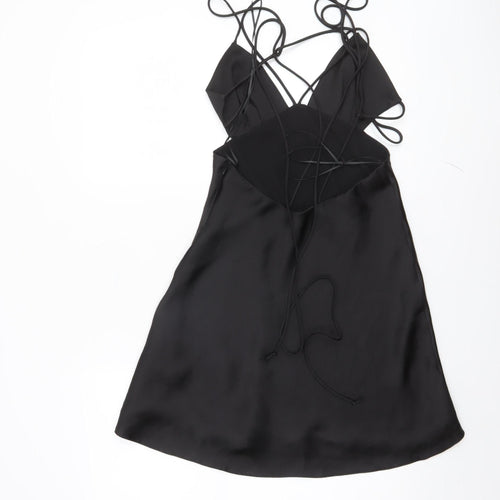 ZARA Women Black Satin Slip Dress M Strappy V-Neck Partywear