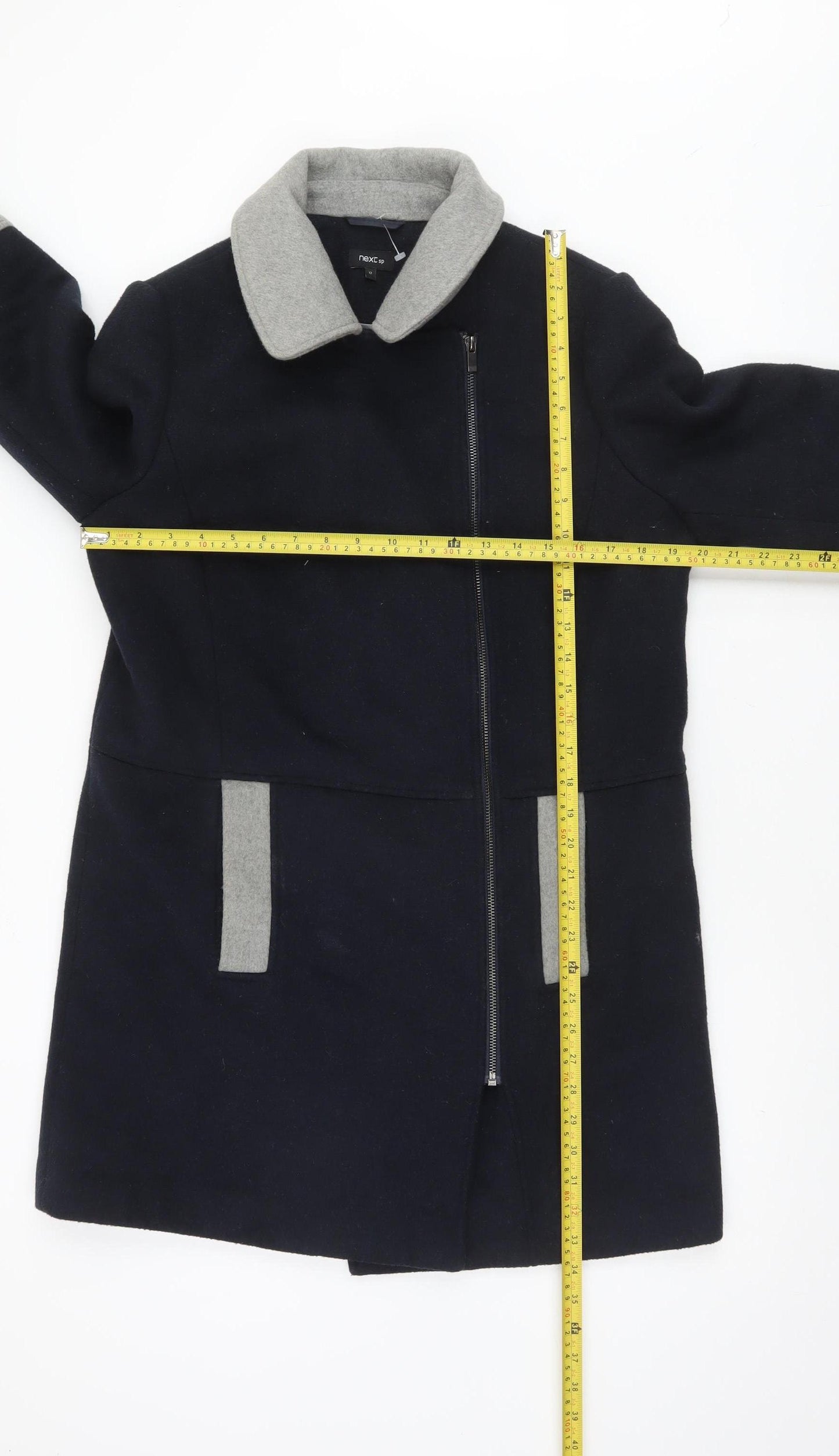 Next Women Blue Grey Wool Blend Mid-Length Coat Size 12