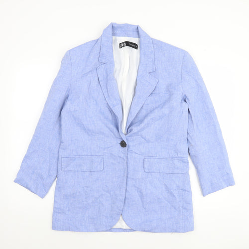 Zara Women Blue Linen Blend One-Button Blazer Small