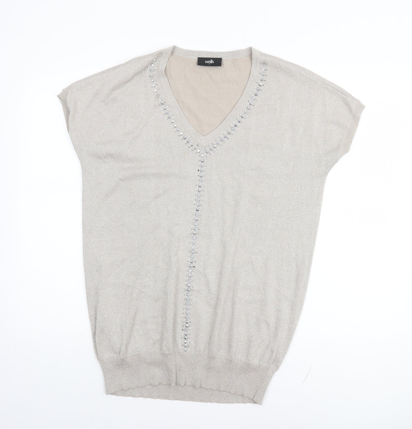 Wallis Women Beige Sequin V-Neck Short Sleeve Pullover Jumper Size S