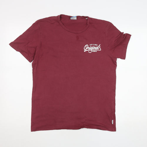 Jack & Jones Men's Red Cotton Crew Neck Short Sleeve T-Shirt Size M