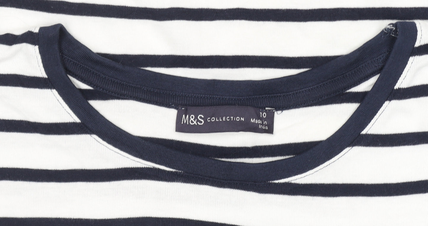 Marks and Spencer Womens Navy White Striped T-Shirt Size 10 Cotton Stretch