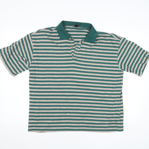 Dazy Men's Green Striped Viscose Polo Shirt Size L