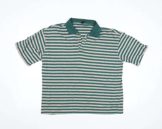 Dazy Men's Green Striped Viscose Polo Shirt Size L