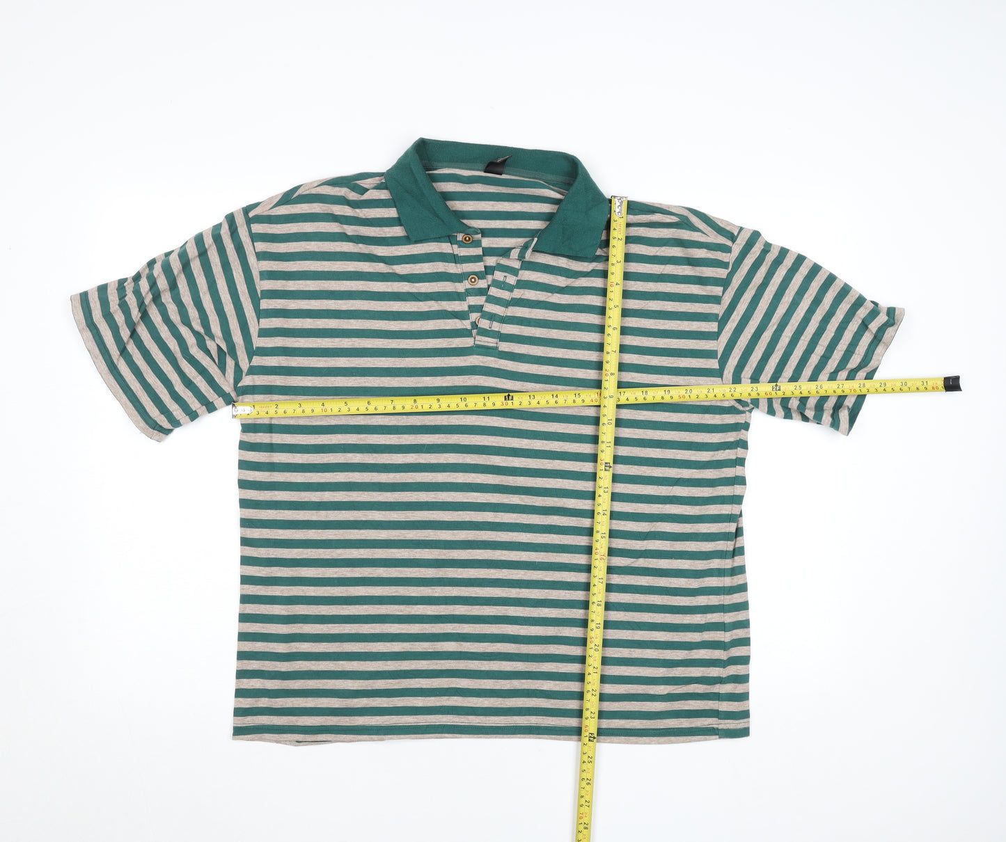 Dazy Men's Green Striped Viscose Polo Shirt Size L