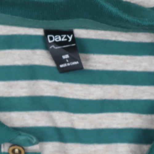 Dazy Men's Green Striped Viscose Polo Shirt Size L
