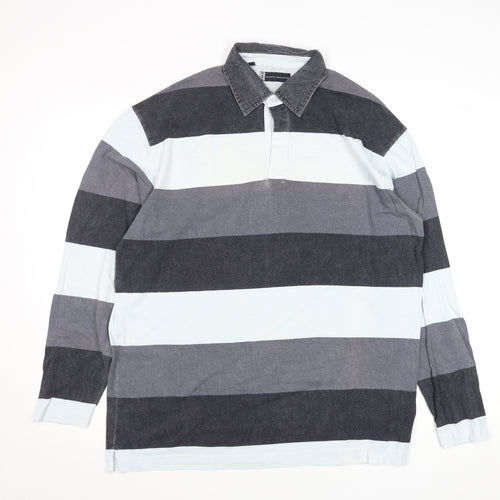 Daniel Hechter Men's Blue Striped Long Sleeve Cotton Rugby Shirt M