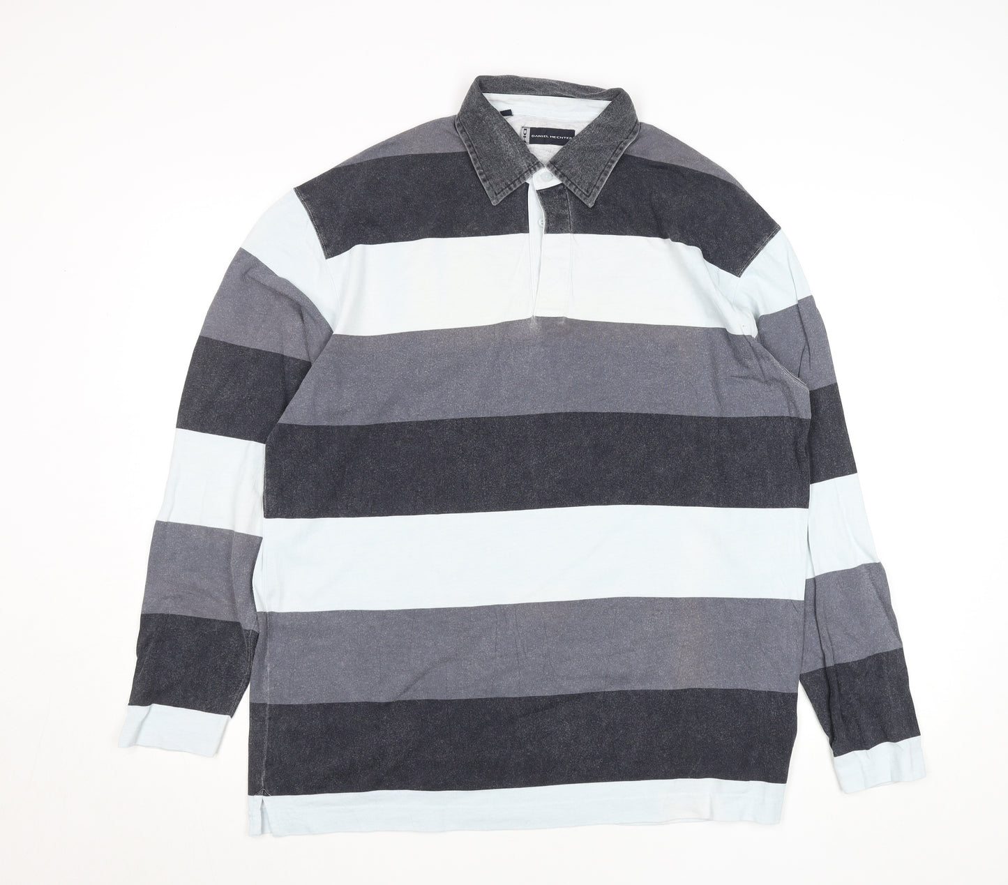 Daniel Hechter Men's Blue Striped Long Sleeve Cotton Rugby Shirt M