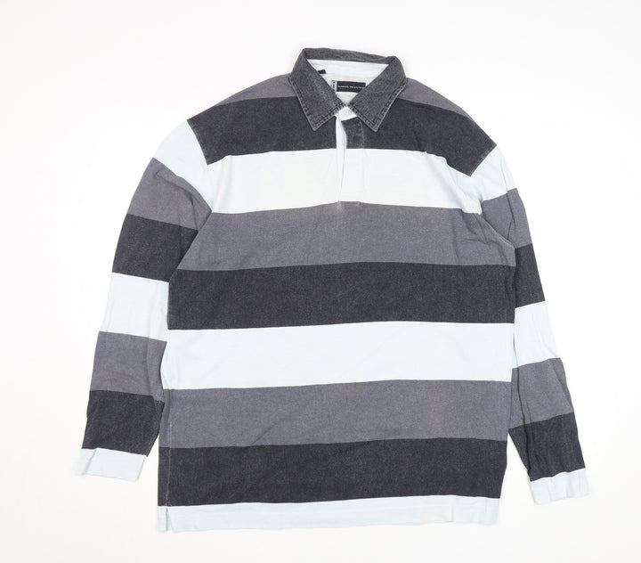 Daniel Hechter Men's Blue Striped Long Sleeve Cotton Rugby Shirt M