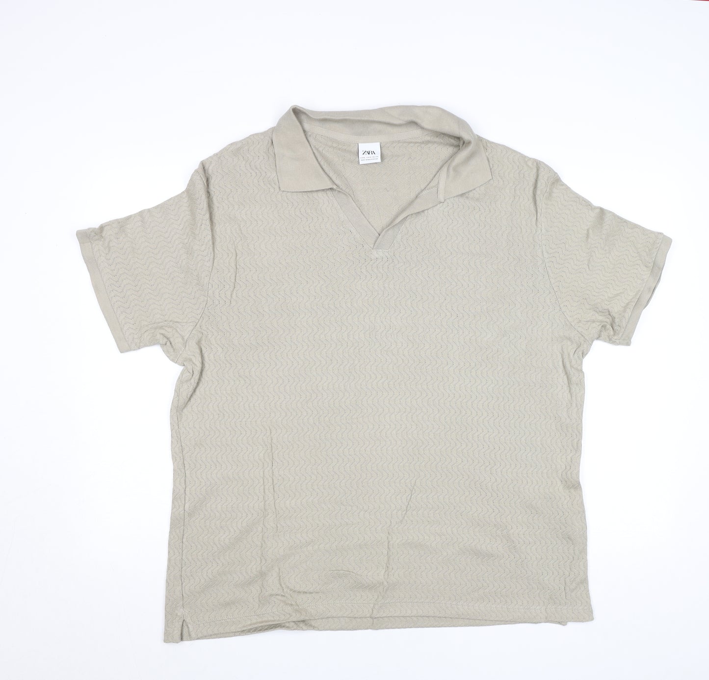 Zara Men's Beige Knit Polo Shirt Size L Short Sleeve Casual Top