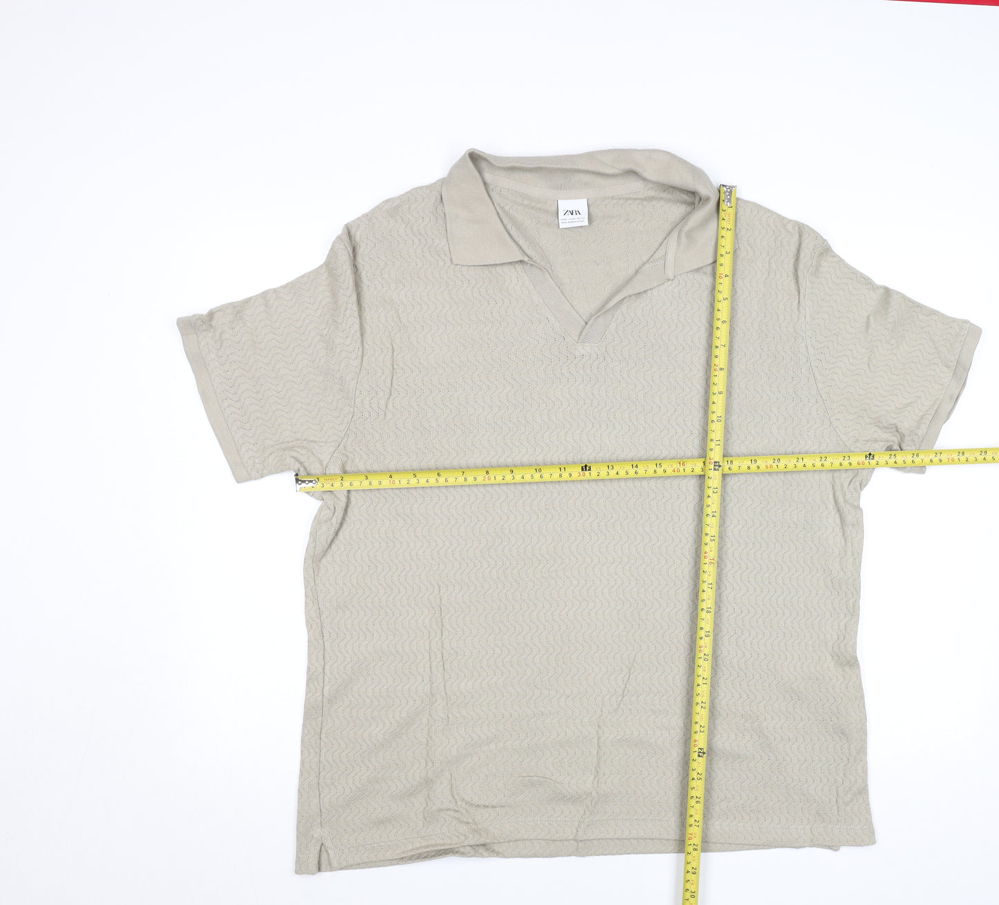 Zara Men's Beige Knit Polo Shirt Size L Short Sleeve Casual Top