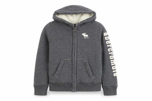 Front view of Abercrombie & Fitch Kids boys’ grey full zip hoodie sherpa lined, size S