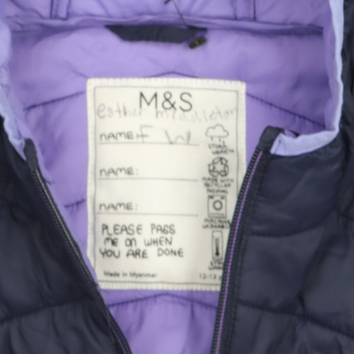 Marks and Spencer Girls Blue Hooded Puffer Jacket 12-13 Years Quilted Lined