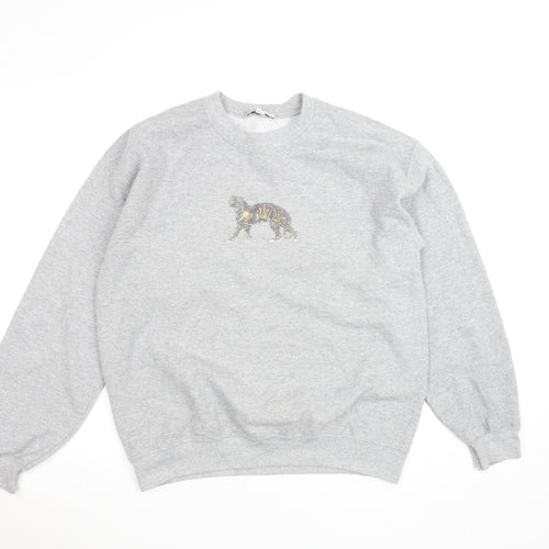 Topshop Women Grey Tiger Embroidered Pullover Sweatshirt Size M