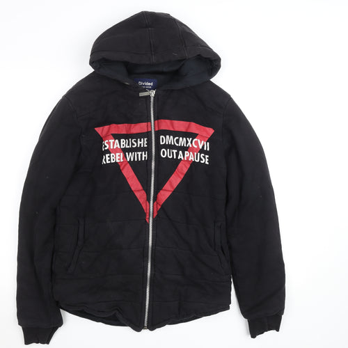 Divided Mens Black Hooded Bomber Jacket L Full Zip Embroidered Casual