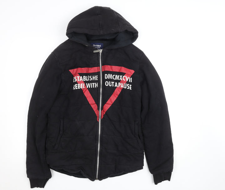 Divided Mens Black Hooded Bomber Jacket L Full Zip Embroidered Casual