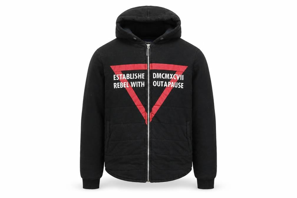 Front view of Divided men’s black hooded bomber jacket l full zip embroidered casual
