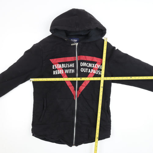 Divided Mens Black Hooded Bomber Jacket L Full Zip Embroidered Casual