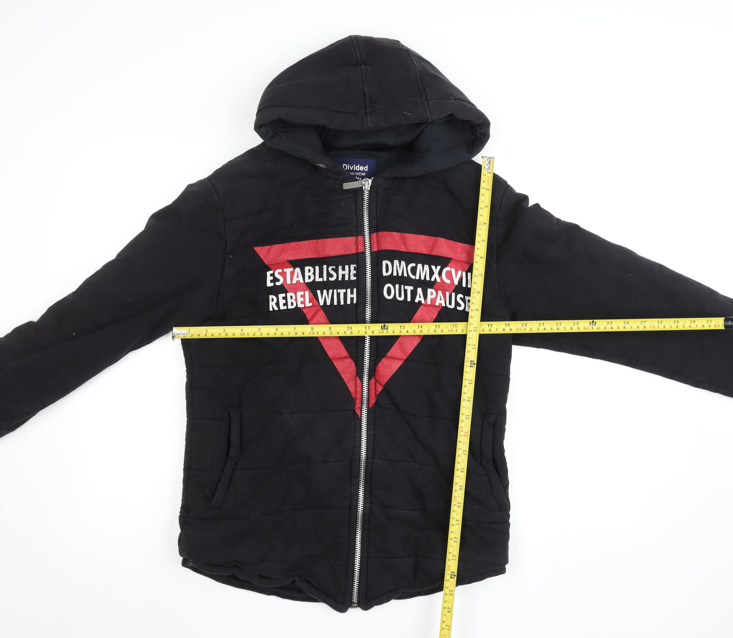 Divided Mens Black Hooded Bomber Jacket L Full Zip Embroidered Casual