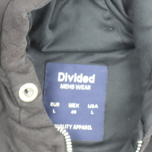 Divided Mens Black Hooded Bomber Jacket L Full Zip Embroidered Casual