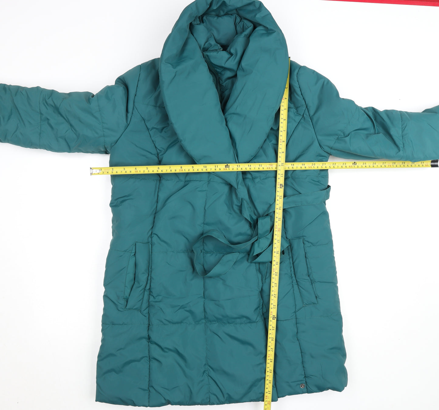Mamalicious Women’s Green Long Puffer Coat M Maternity Belted