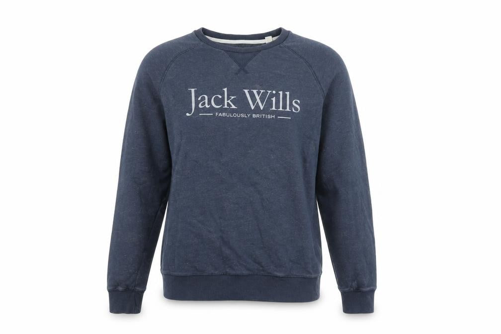 Front view of Jack Wills women’s navy blue pullover sweatshirt, size M, classic crew neck
