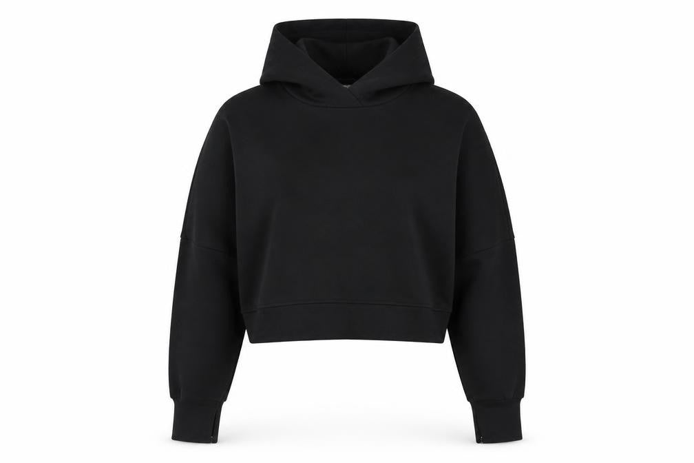 Front view of Adidas women’s black hoodie, size L, relaxed fit pullover sweatshirt