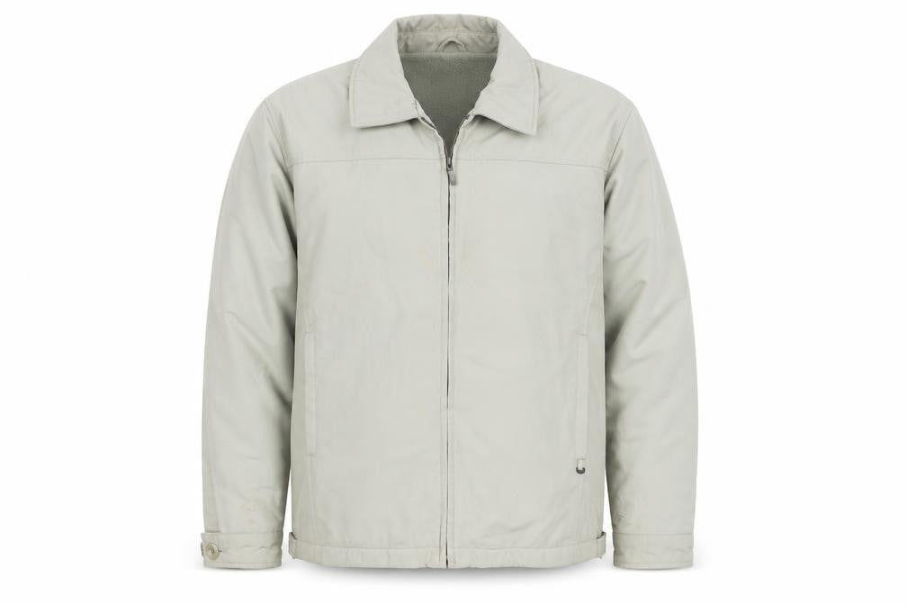 Front view of Aldon Men's Beige L Basic Polyester Full Zip Lined Jacket