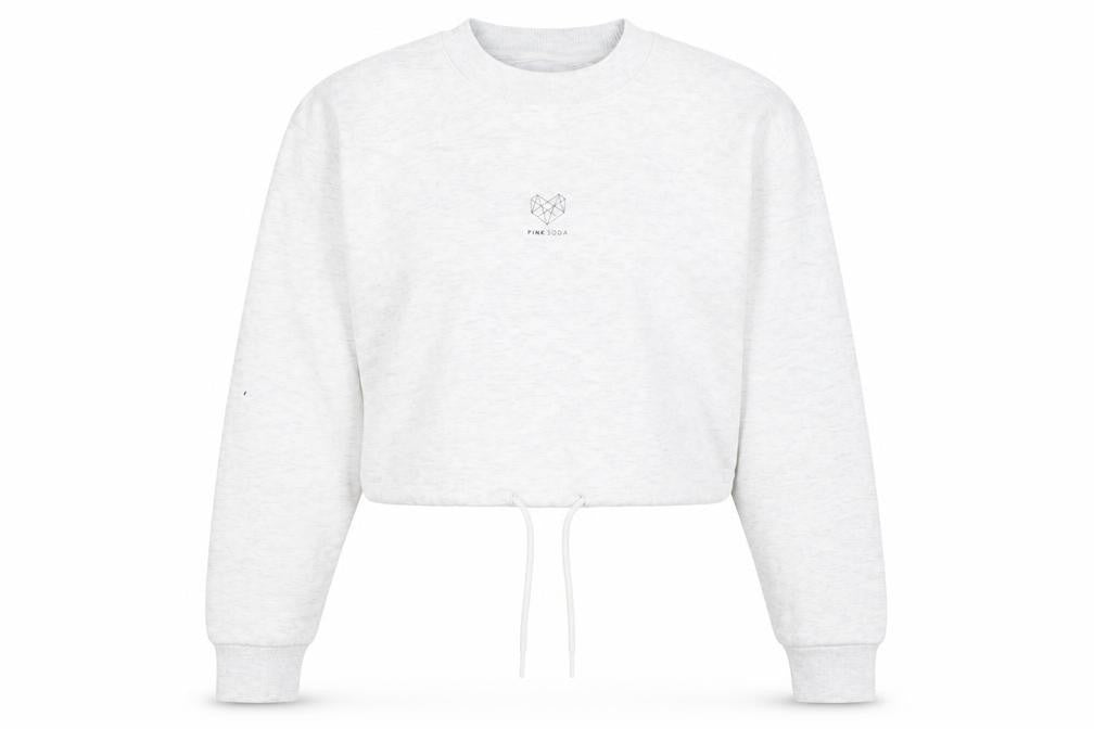 Front view of Pink Soda Sport women’s white cropped pullover sweatshirt uk 10