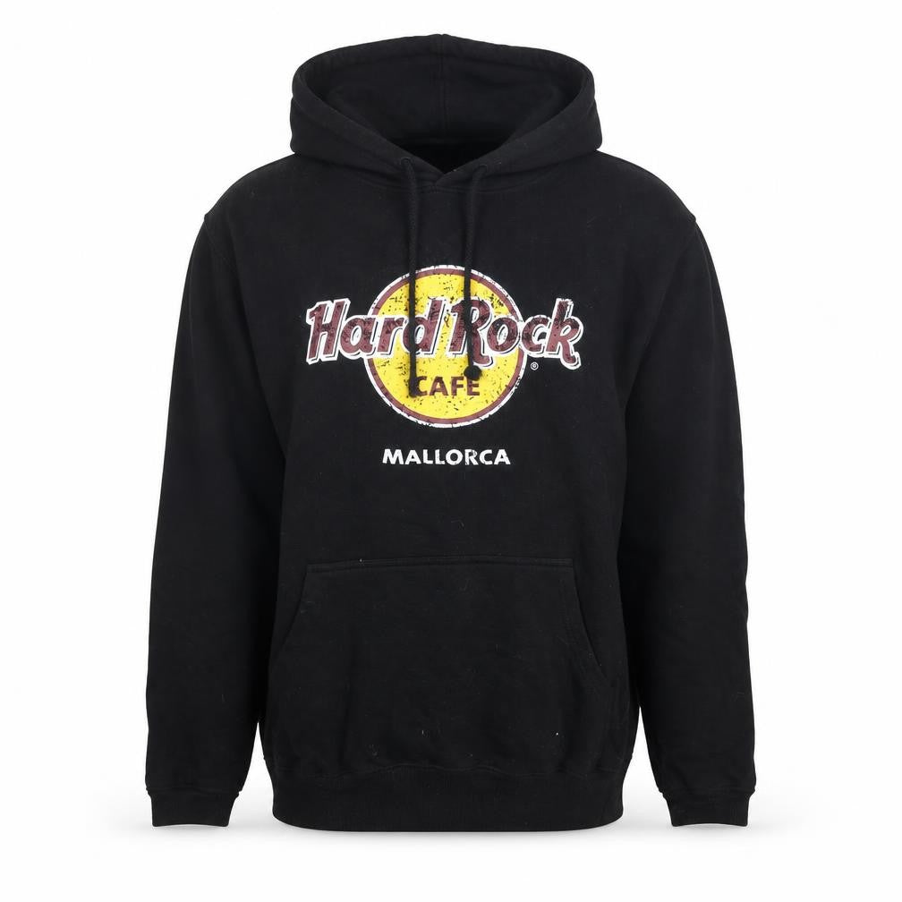 Front view of Hard Rock men’s black l pullover hoodie mallorca logo sweatshirt