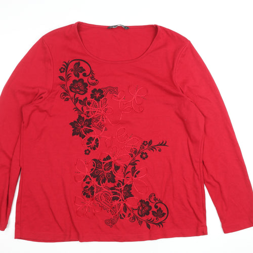 Bonmarché Women's Red Floral Embroidered Long Sleeve Cotton T-Shirt Size L