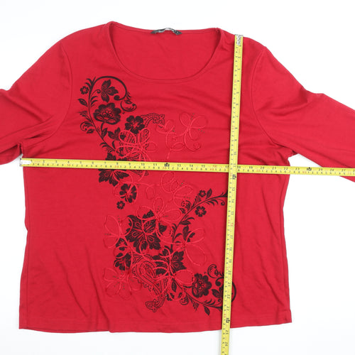 Bonmarché Women's Red Floral Embroidered Long Sleeve Cotton T-Shirt Size L