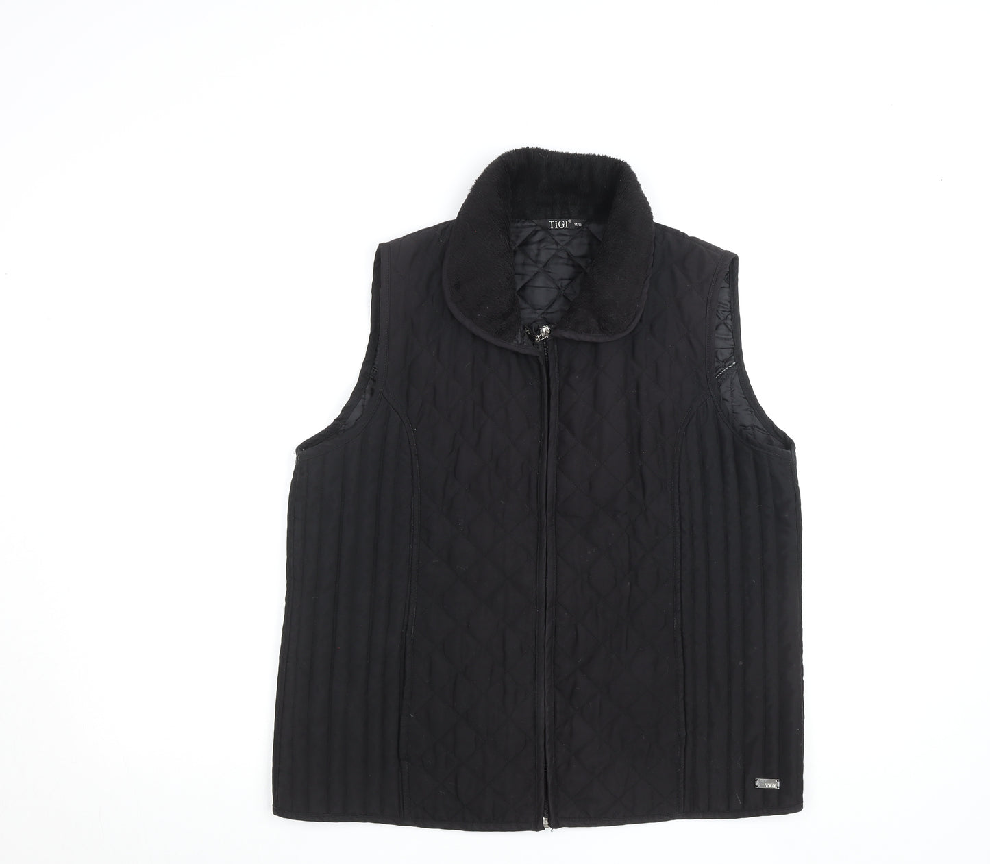 TIGI Womens Black Quilted Waistcoat M Sleeveless Zip Front