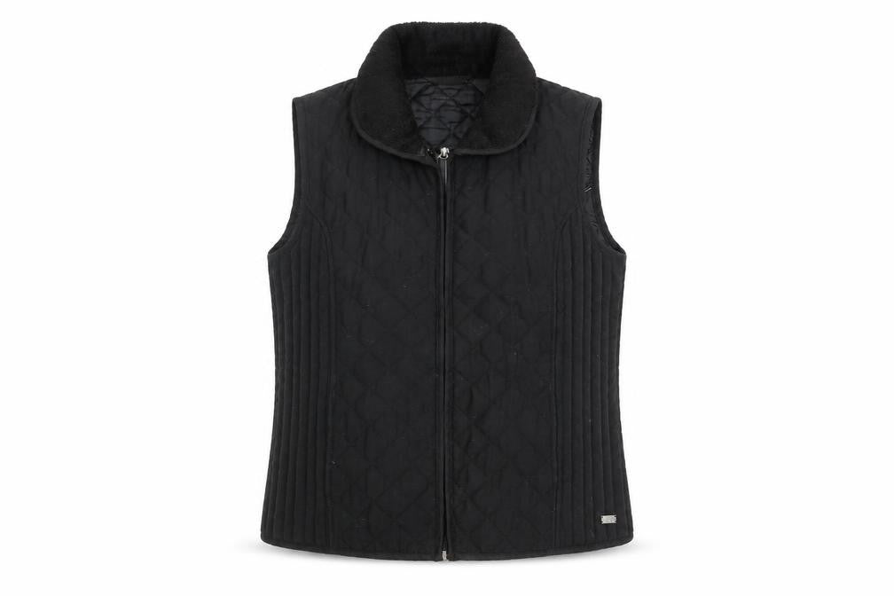 Front view of TIGI women’s black quilted waistcoat m sleeveless zip front