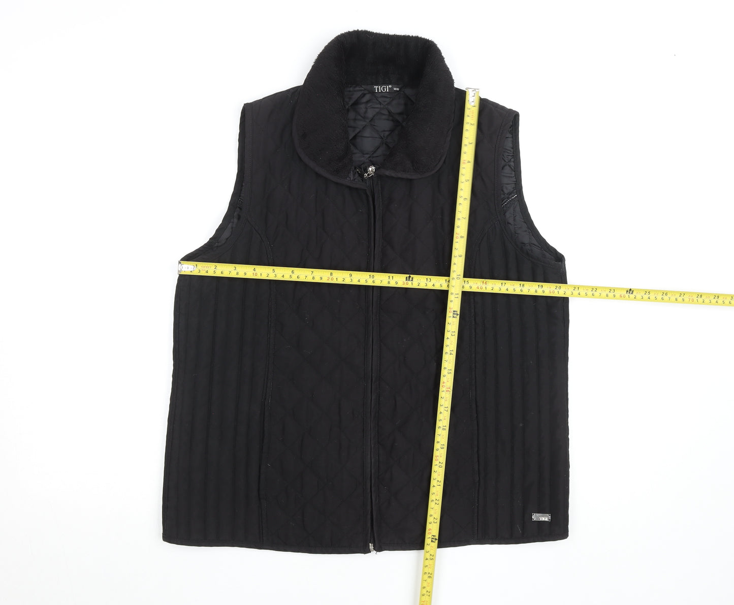 TIGI Womens Black Quilted Waistcoat M Sleeveless Zip Front