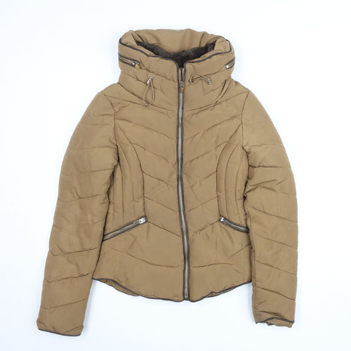 Zara Basic Women Brown Puffer Jacket S Hooded Quilted Winter Coat