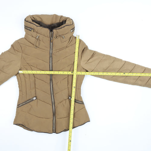 Zara Basic Women Brown Puffer Jacket S Hooded Quilted Winter Coat