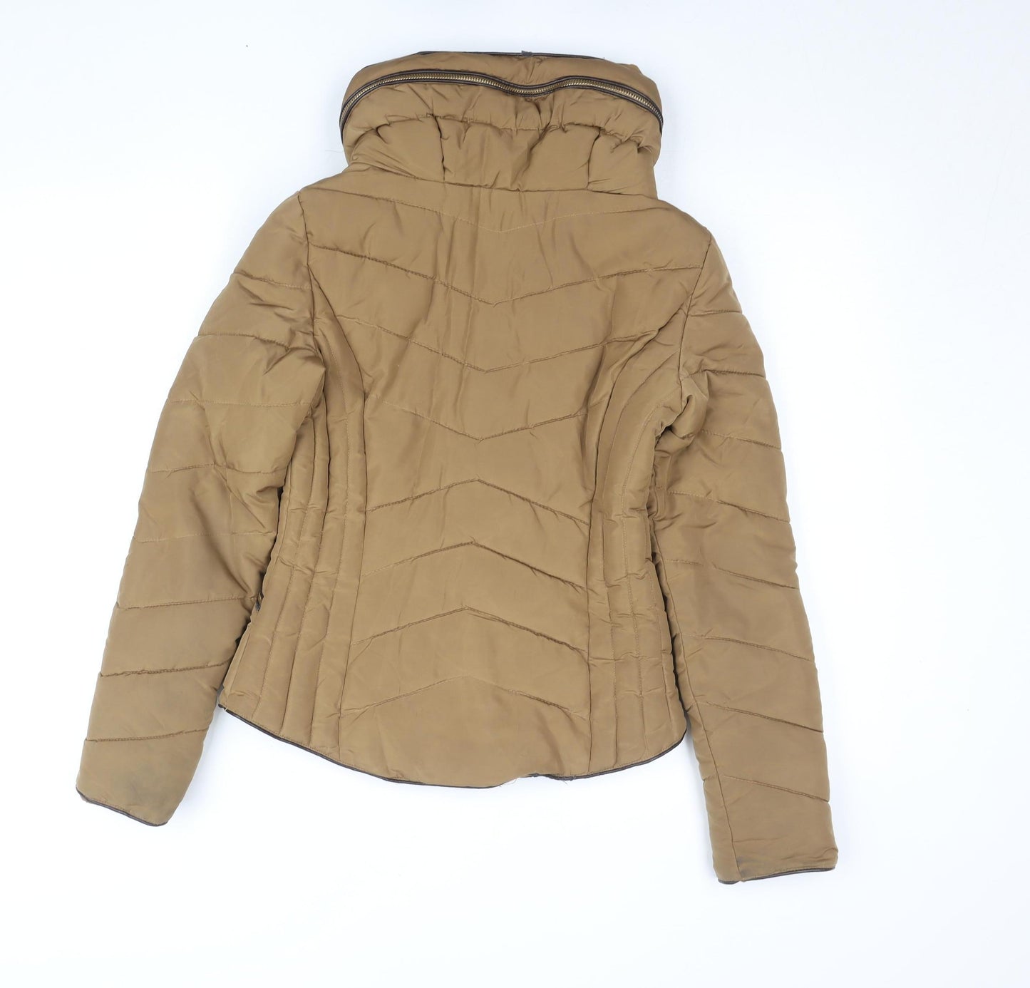 Zara Basic Women Brown Puffer Jacket S Hooded Quilted Winter Coat